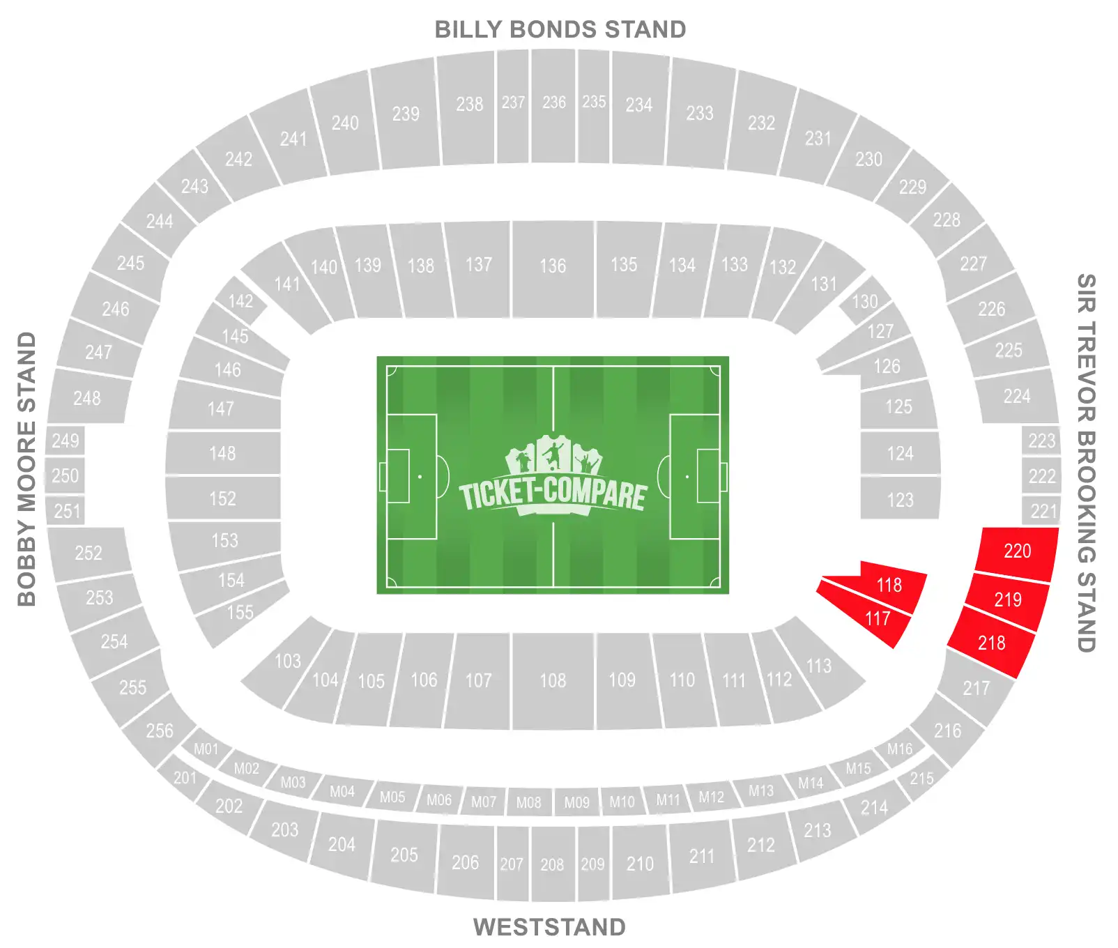 London Stadium seating plan med Away section markeret