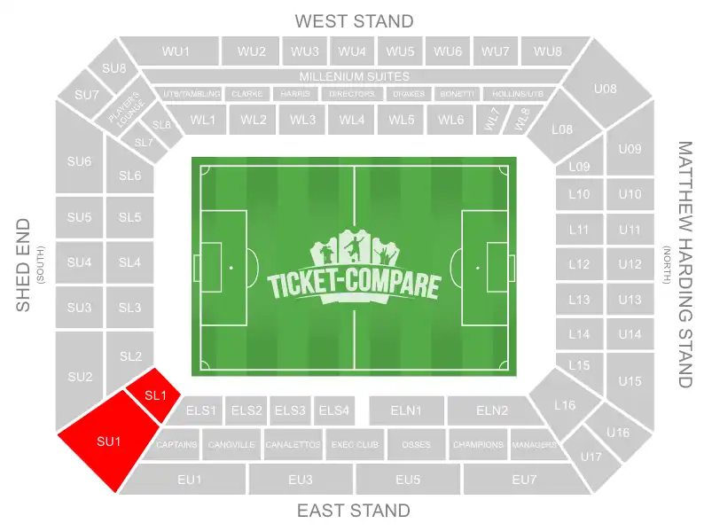 Stamford Bridge seating plan med Away-sektion markeret
