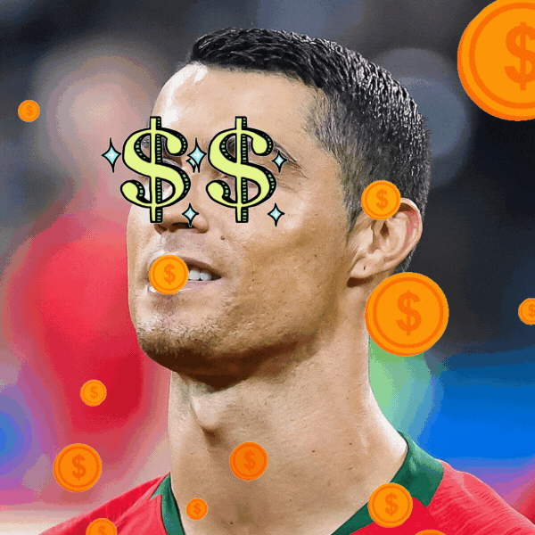 gif af Ronaldo med dollars i øjnene og mønter, der regner ned