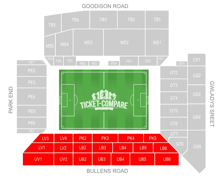 Bullens Road Stand på Goodison Park markeret