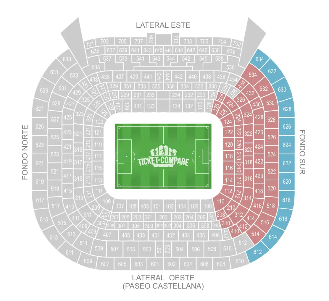 Santiago Bernabéu Seating Plan med Fondo Sur markeret