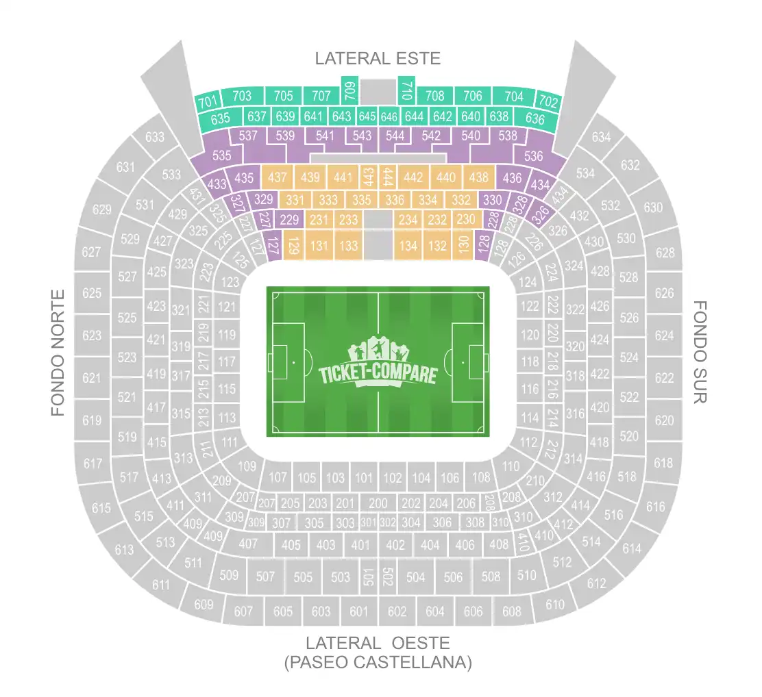Santiago Bernabéu Seating Plan med Lateral Este markeret