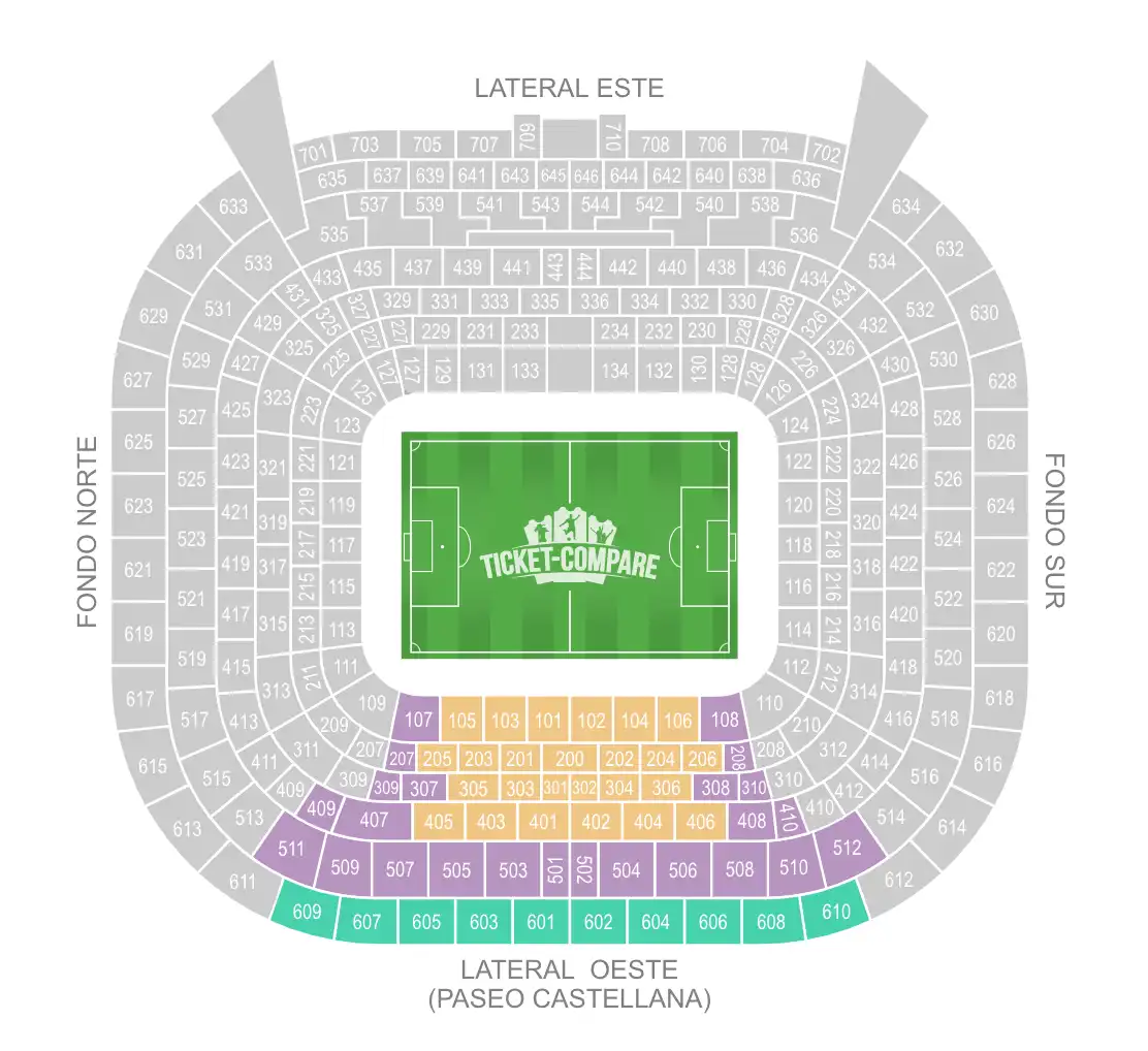 Santiago Bernabéu Seating Plan med Lateral Oeste markeret