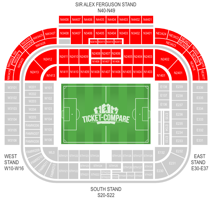 Old Trafford salkart – Sir Alex Ferguson Stand uthevet