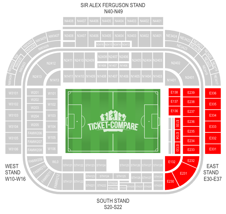 Old Trafford salkart – East Stand uthevet