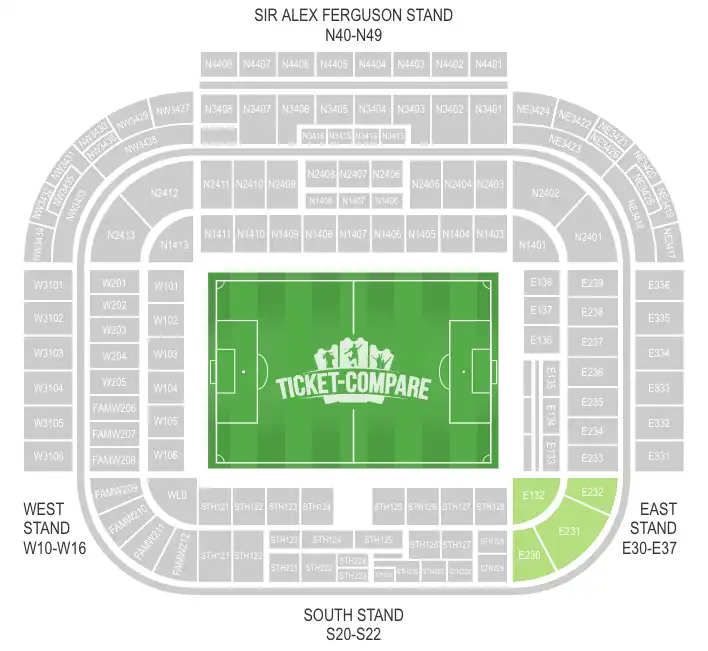 Old Trafford Seating Plan med udesektion markeret