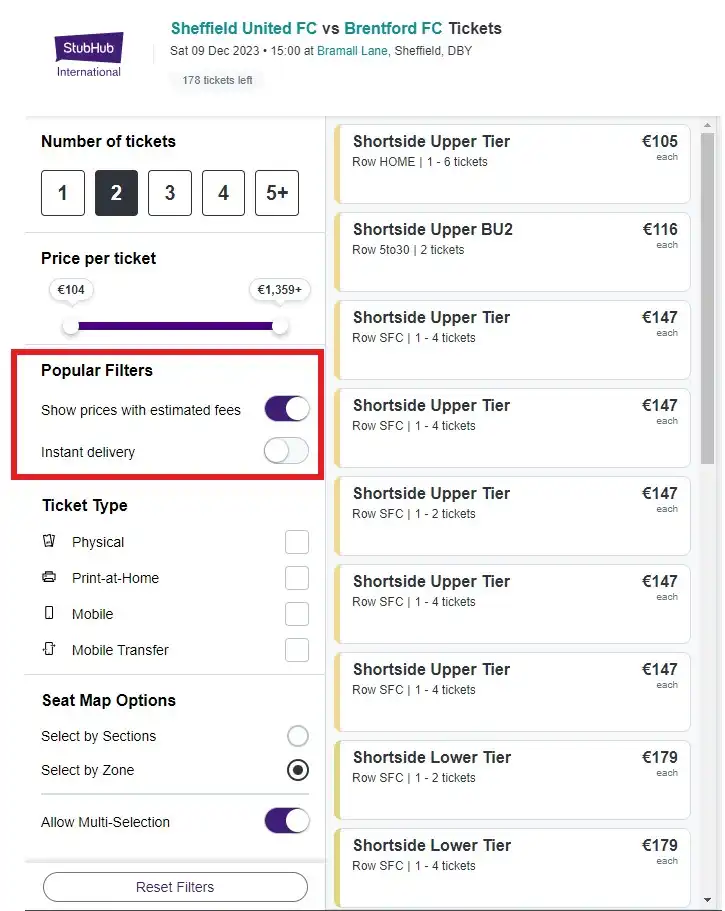 screenshot av StubHub-filtre
