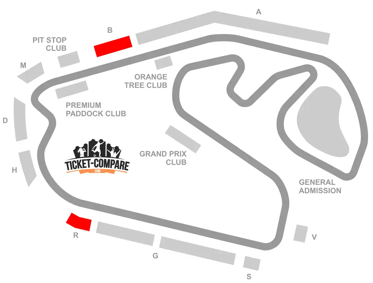 Interlagos seating plan med B og R tribuner markeret