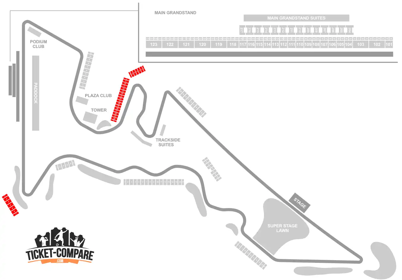 COTA seating plan med T1 og T15 tribuner markeret