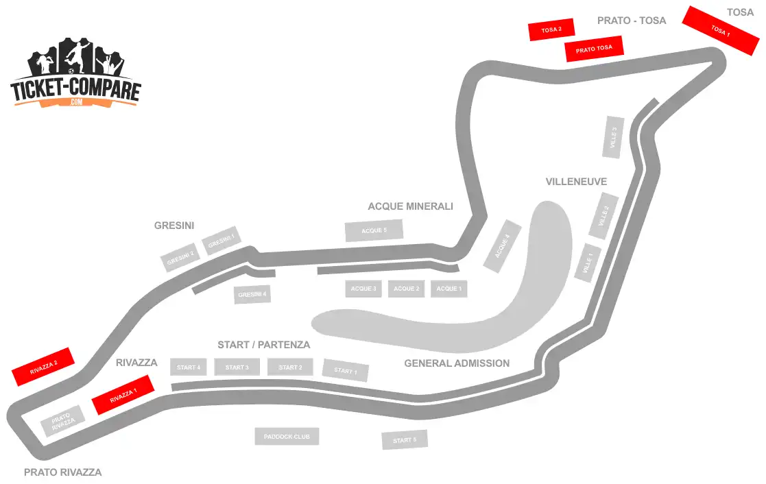 Imola seating plan med Tosa og Rivazza tribuner markeret