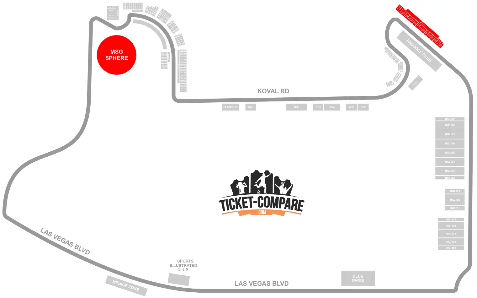 Las Vegas Strip seating plan med Sphere og Main stands markeret