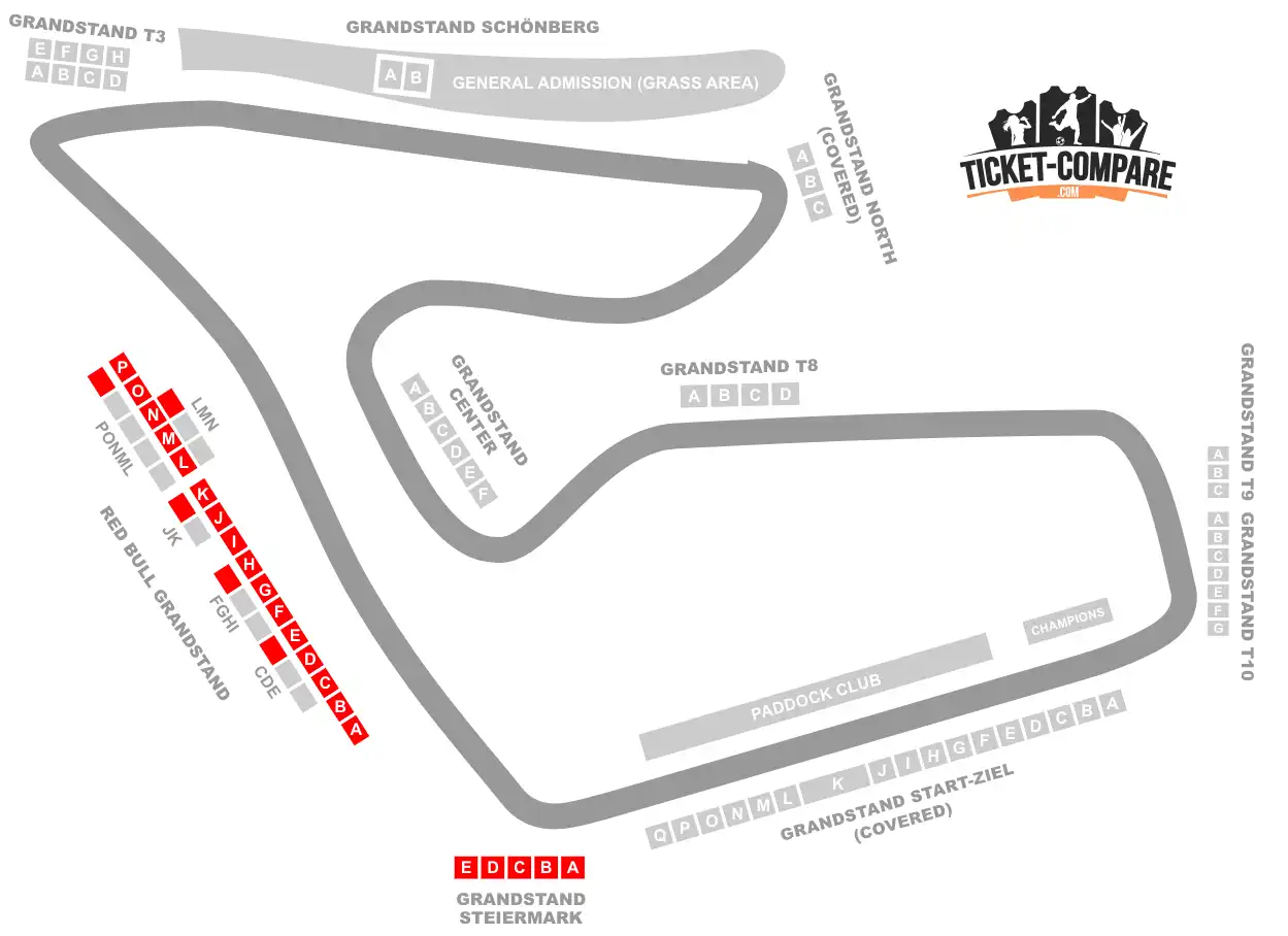 Red Bull Circuit seating plan med Red Bull og Steiermark stands markeret