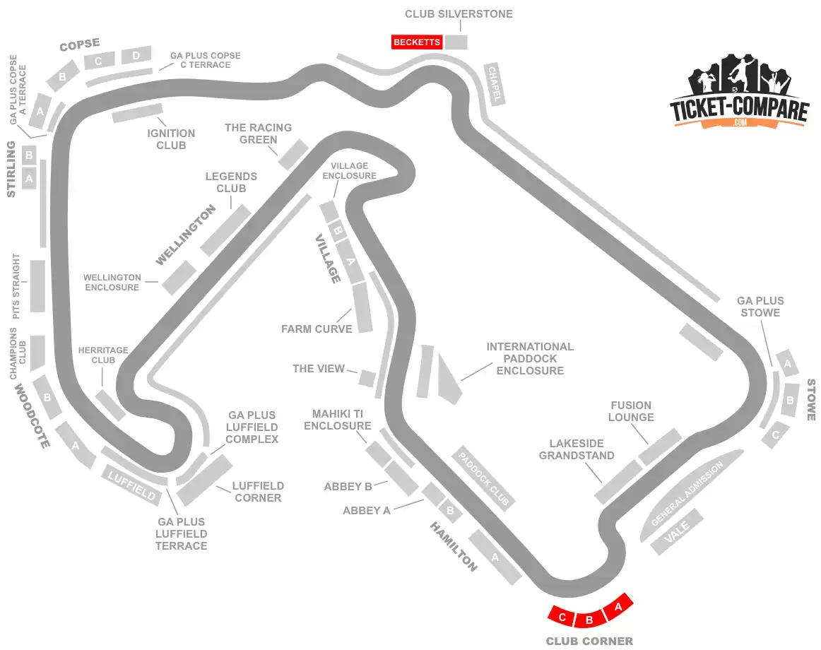 Silverstone seating plan med Becketts stand og Club Corner markeret