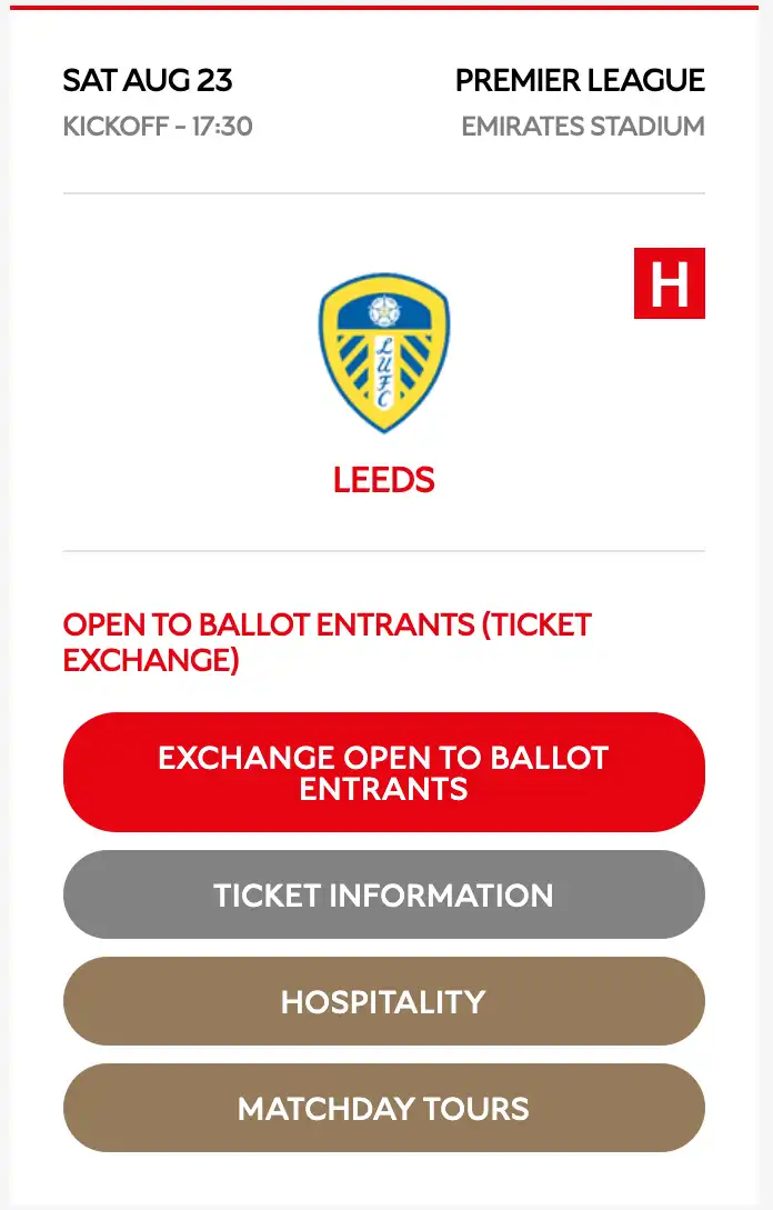 Screenshot af en Premier League Arsenal vs Leeds kamp på Emirates Stadium