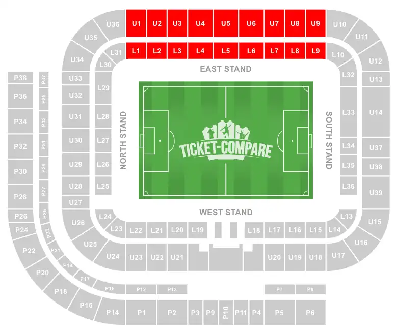Stadium of Light seating plan med East Stand markeret