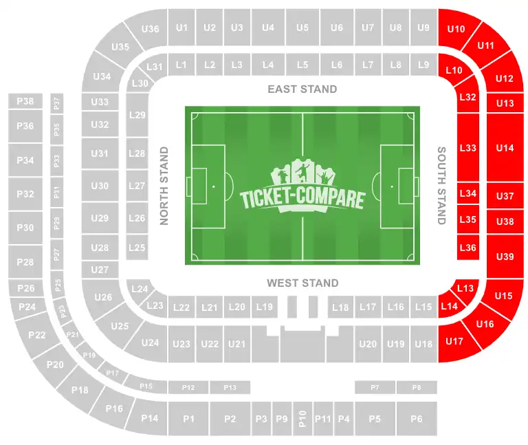 Stadium of Light seating plan med South Stand markeret