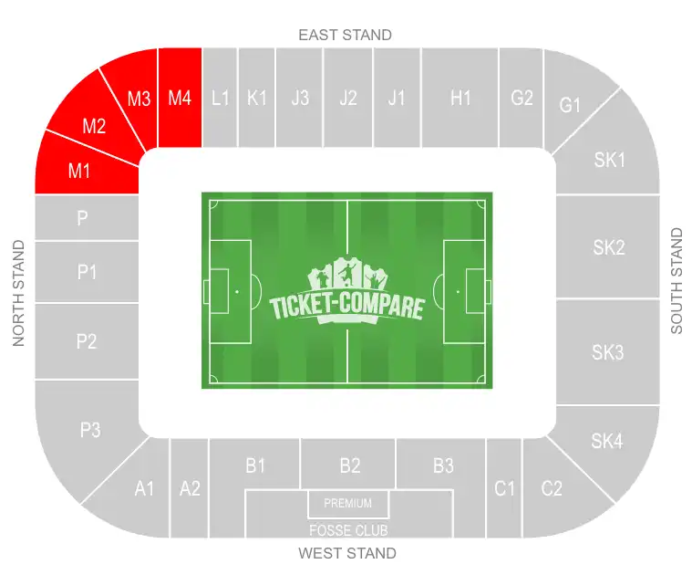King Power Stadium Seating plan med Away Section markeret
