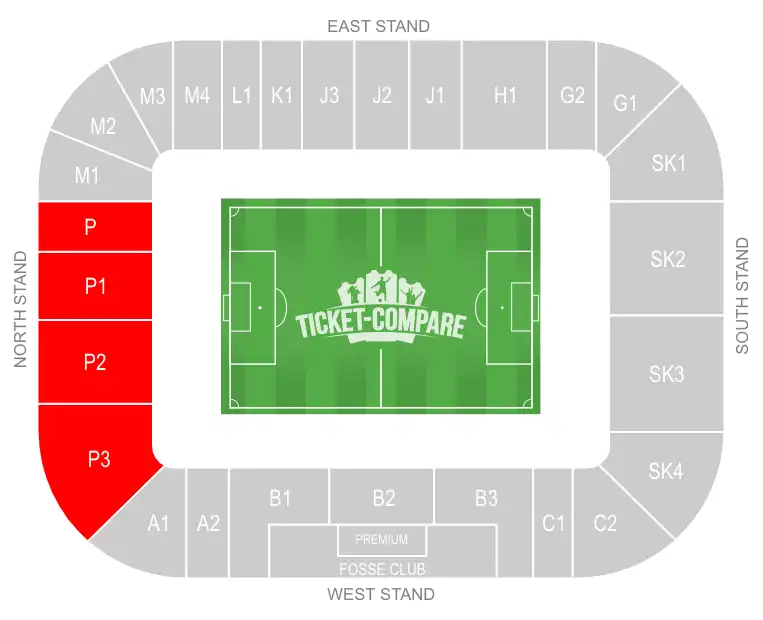 King Power Stadium Seating plan med North Stand markeret