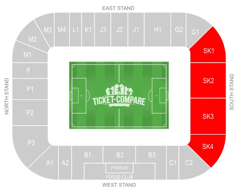 King Power Stadium Seating plan med South Stand markeret