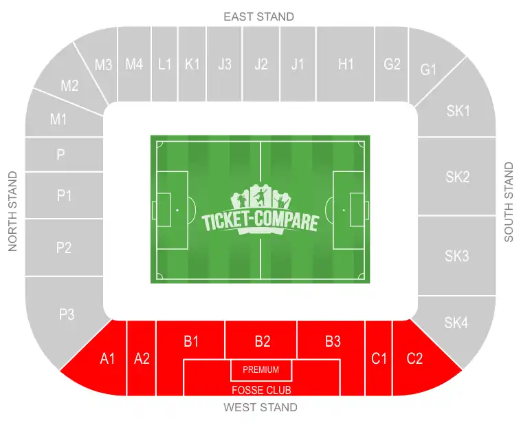King Power Stadium Seating plan med West Stand markeret