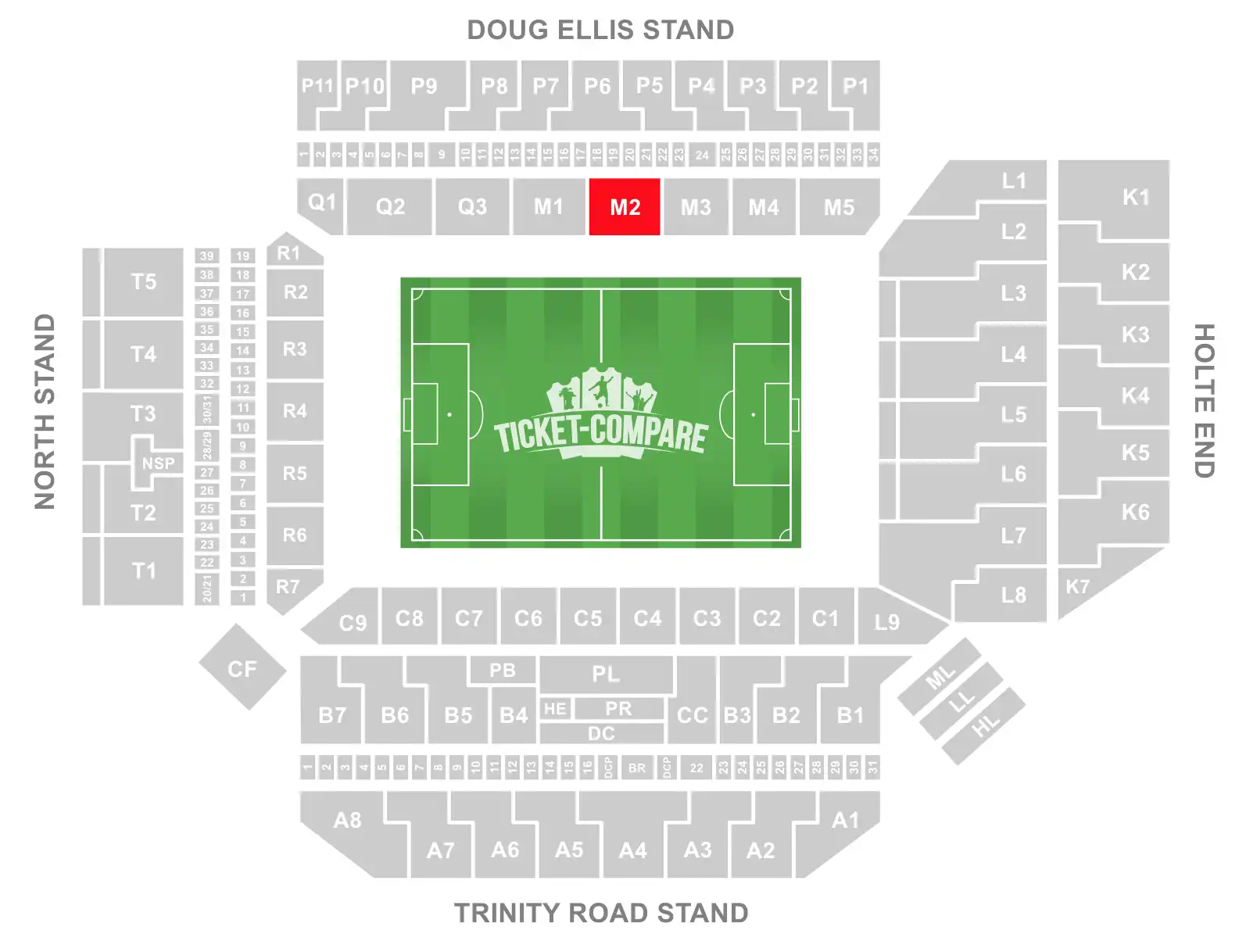 Screenshot of Villa Park Stadium Seating plan with the M2 Block highlighted