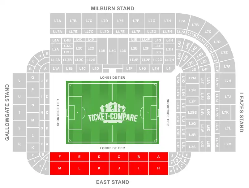 St James' Park Stadium Seating Plan med East Stand uthevet