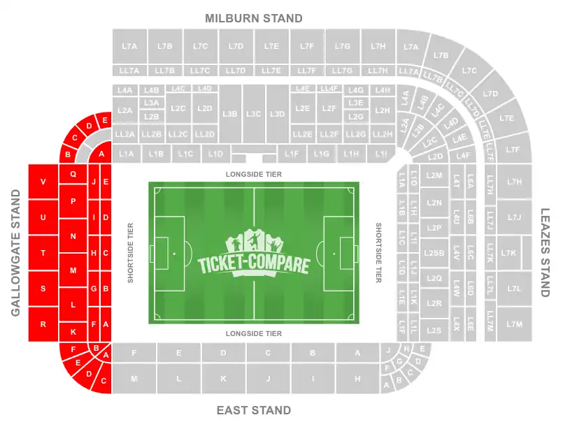 St James' Park Stadium Seating Plan med Gallowgate Stand uthevet