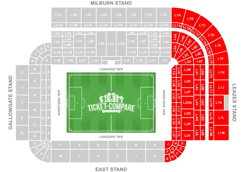 St James' Park Stadium Seating Plan med Leazes Stand uthevet