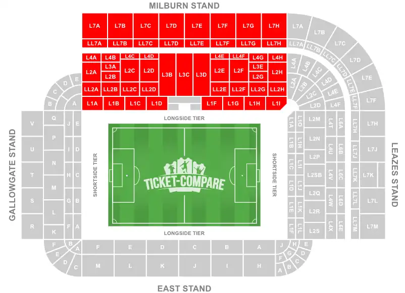 St James' Park Stadium Seating Plan med Milburn Stand uthevet