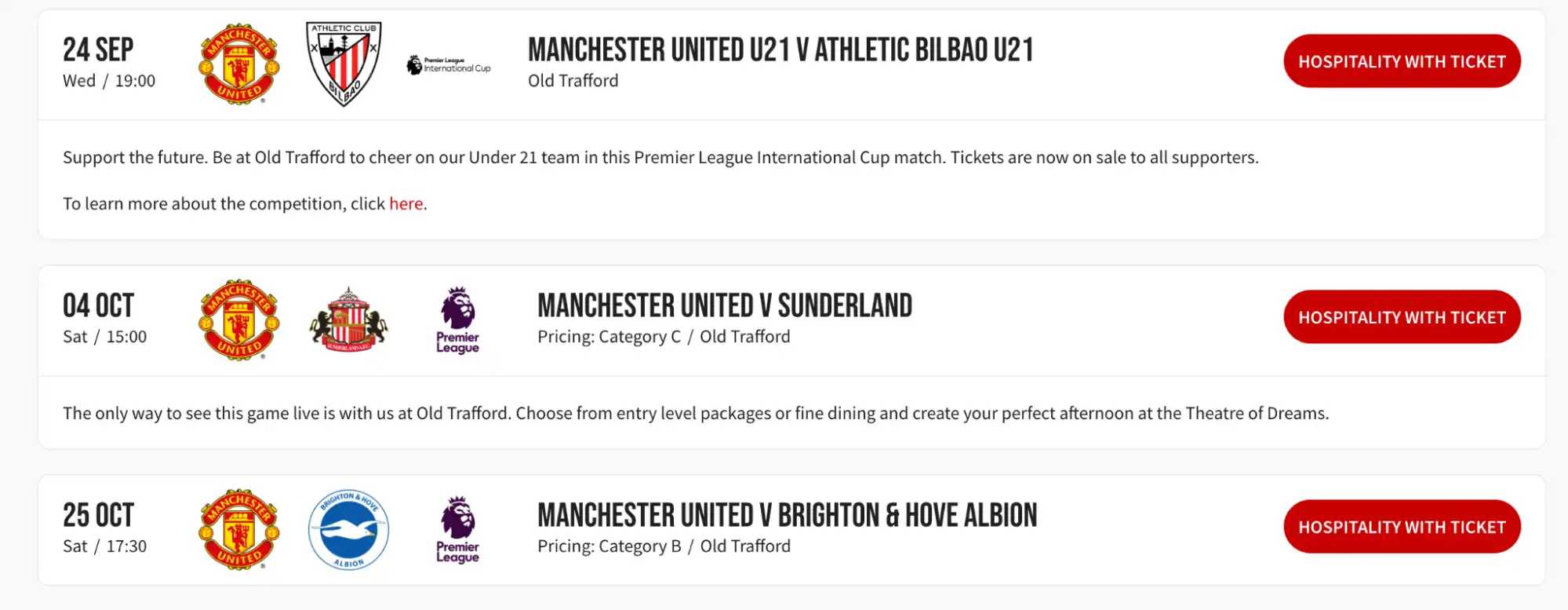 screenshot of Hospitality tickets through the club