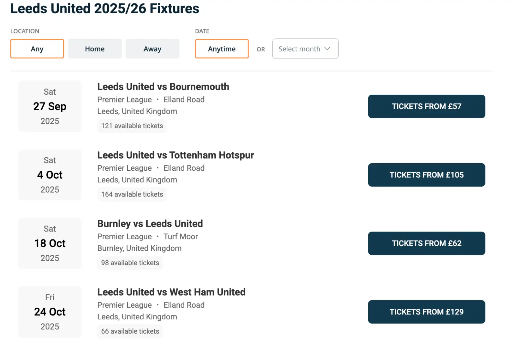 screenshot of Leeds United fixtures list