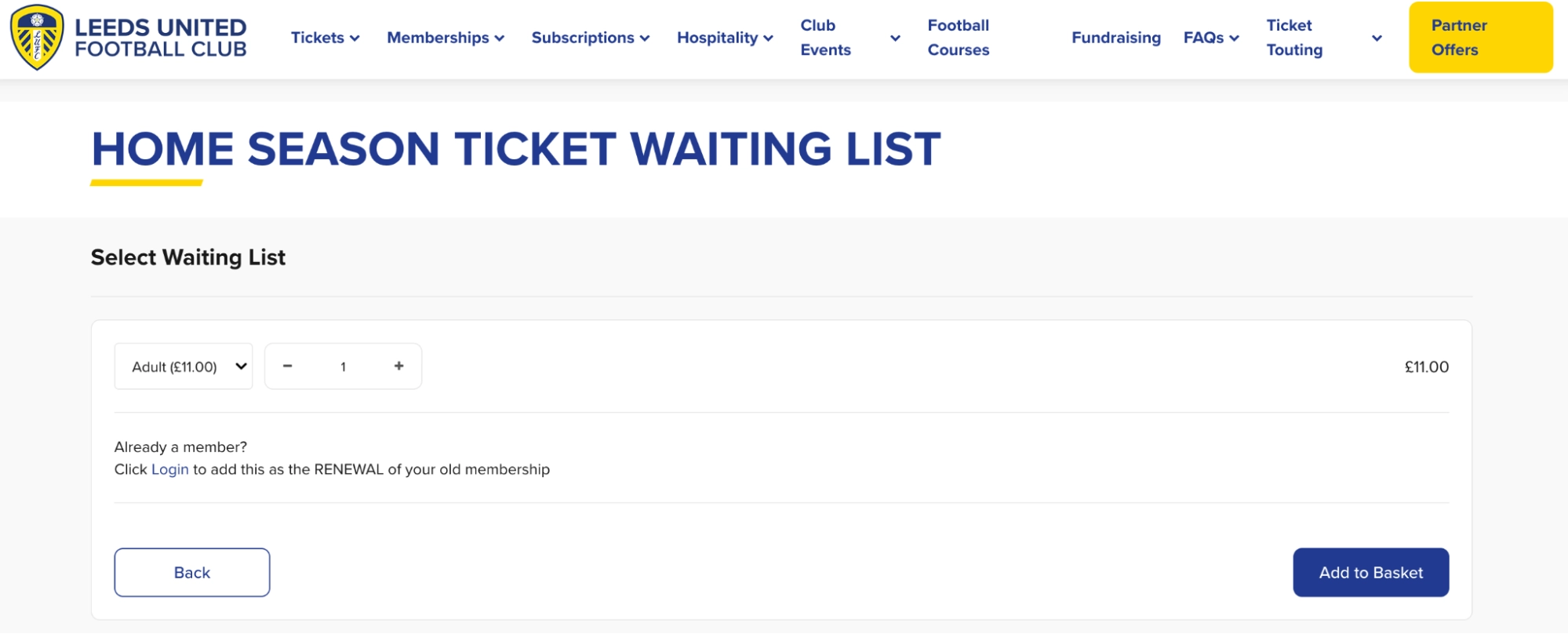 screenshot af Leeds United ticket Waiting List