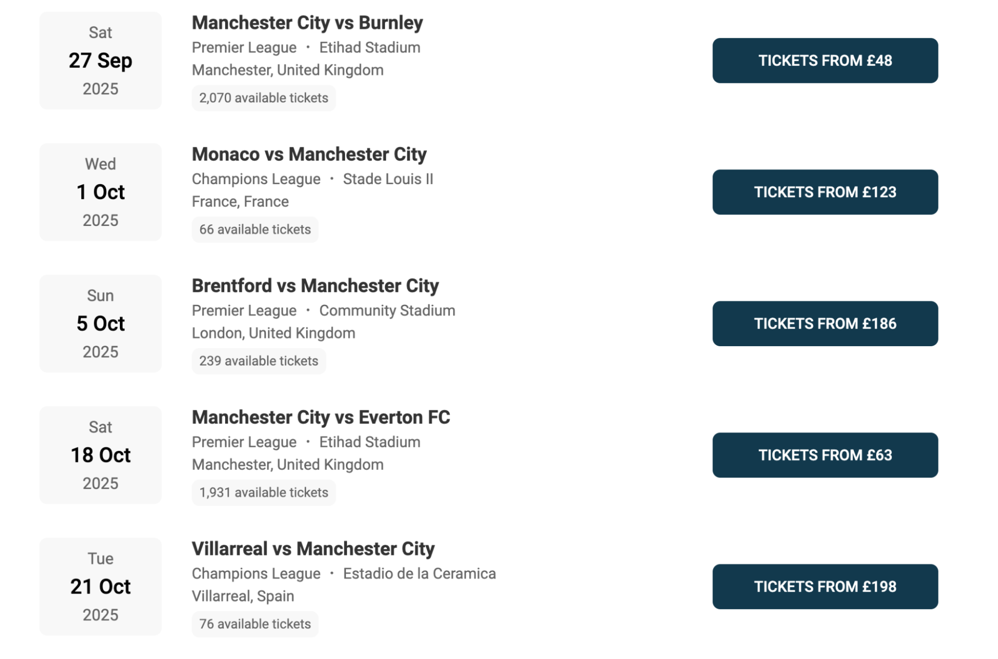 screenshot of Machester City Fixtures