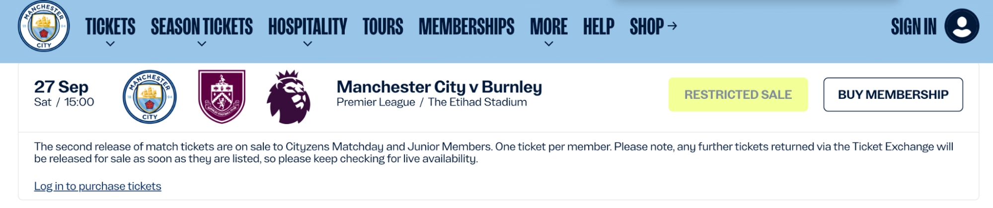 screenshot av Man City kamper på klubbens nettside