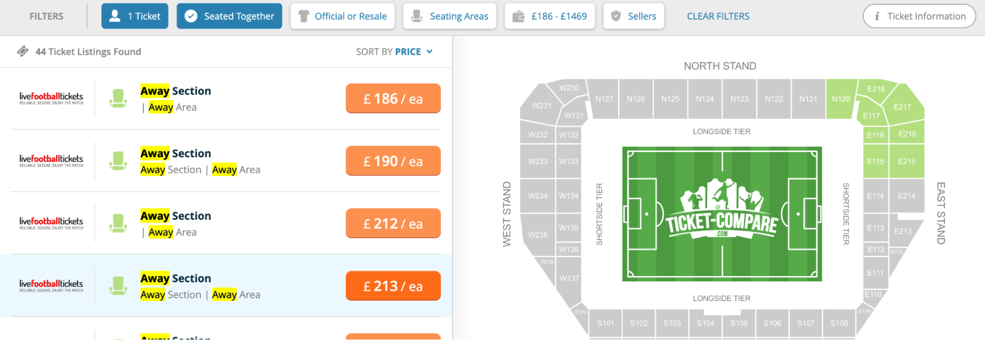 screenshot of Manchester City v Brentford Match Away sections highlighted