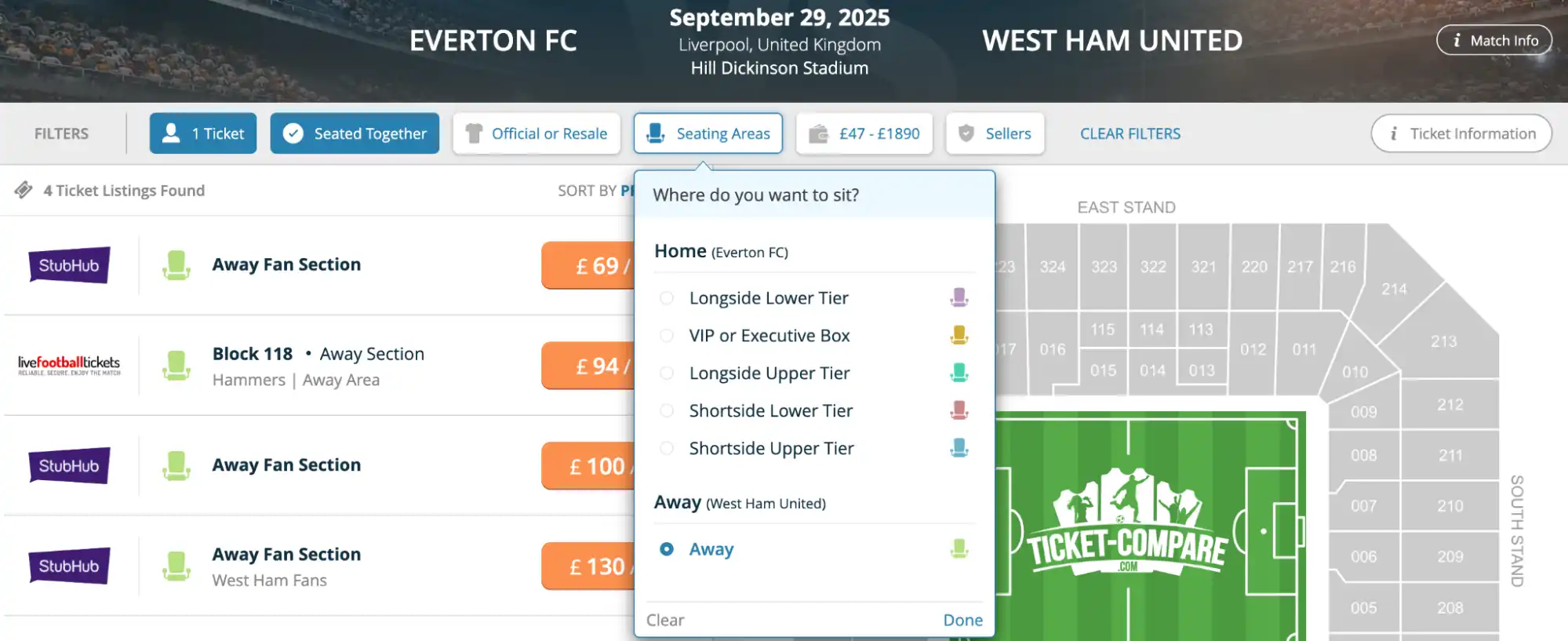 screenshot av seating areas meny