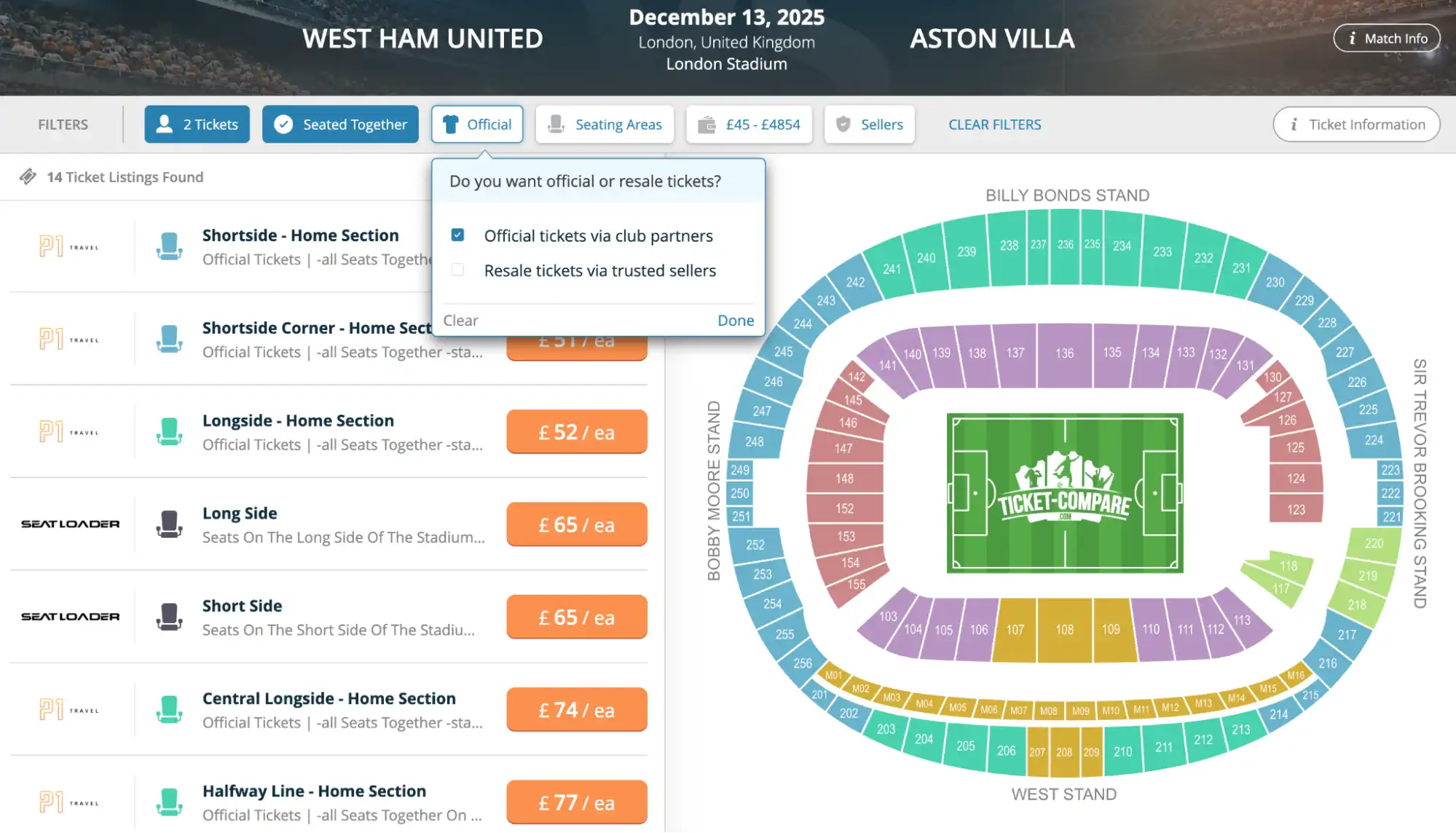 screenshot of 'Seating Areas' menu on West Ham United vs Aston Villa tickets page