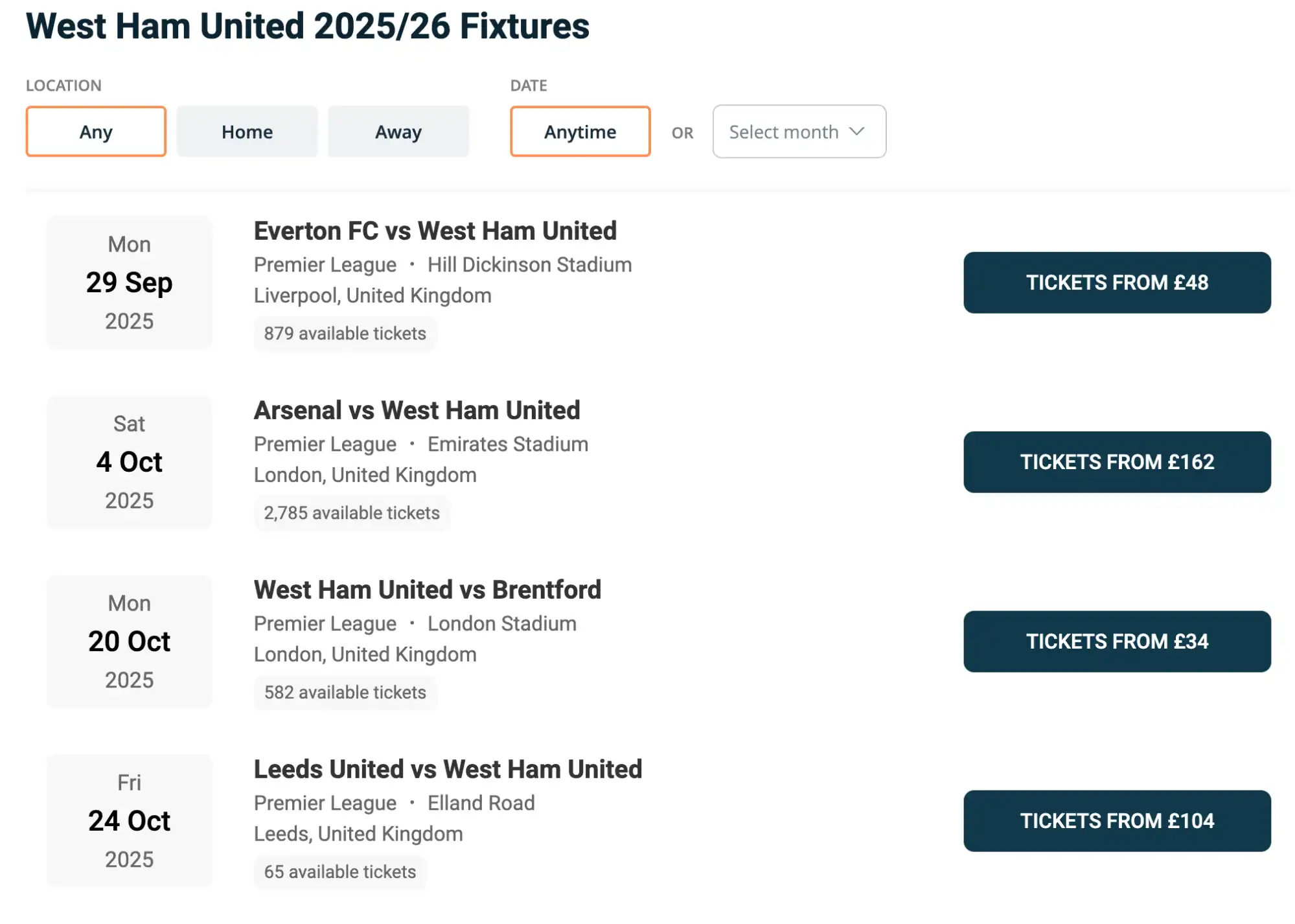 screenshot av West Ham United fixtures