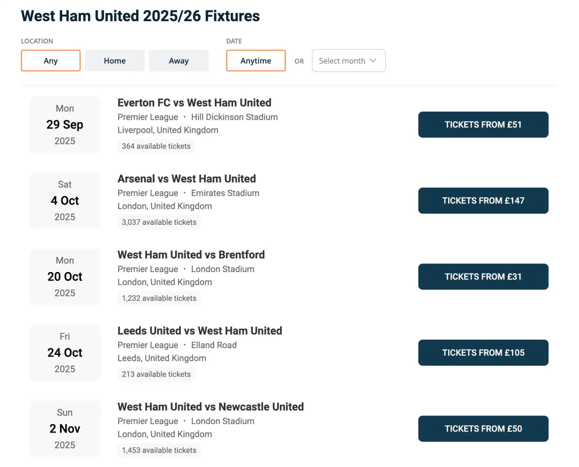 screenshot of West Ham United fixtures on ticket-compare.com