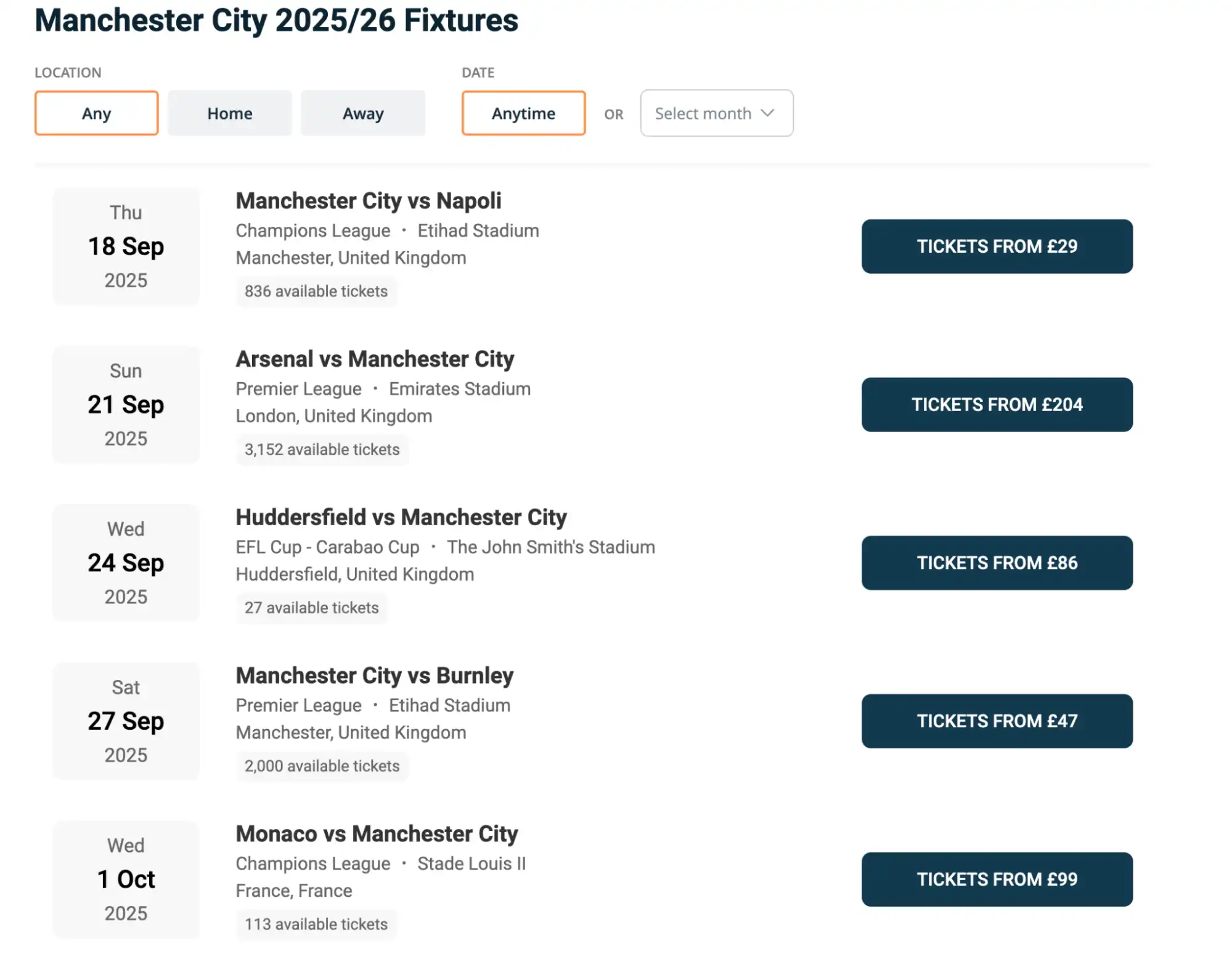 screenshot of Manchester City fixtures on ticket-compare.com