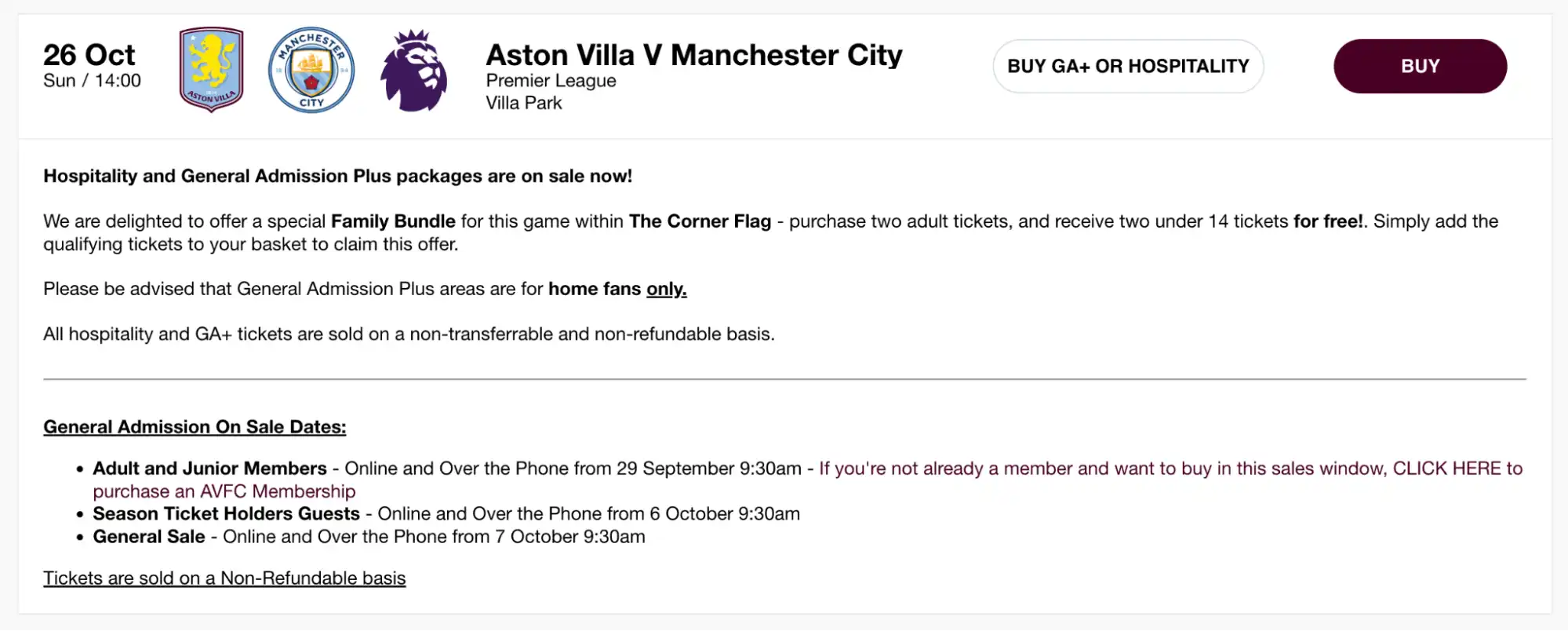screenshot of the AVFC vs MCFC Tickets page