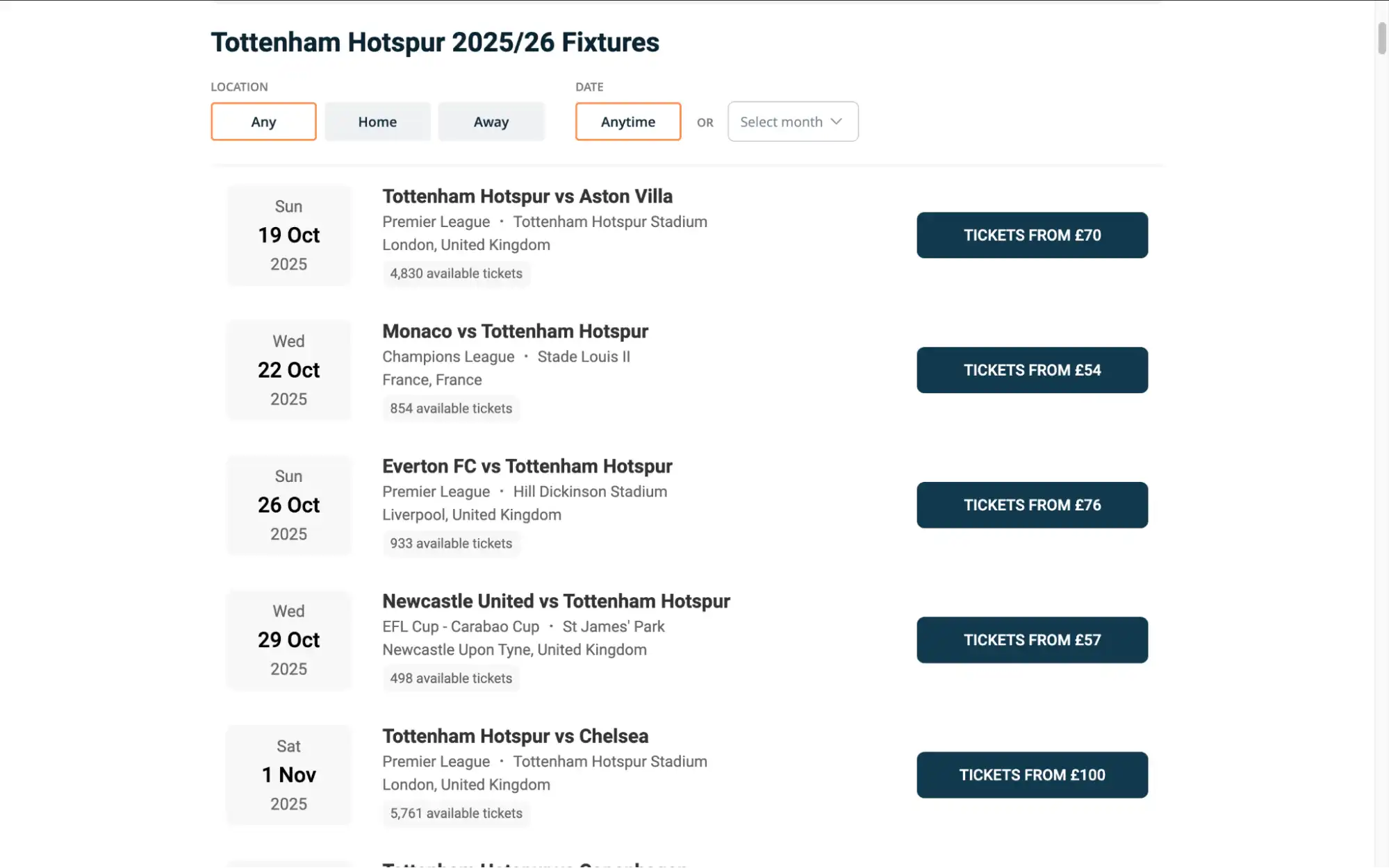 screenshot of Tottenham Hotspur fixtures