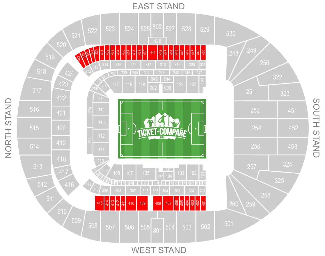 Tottenham stadion sitteplan med East og West Stand fremhevet