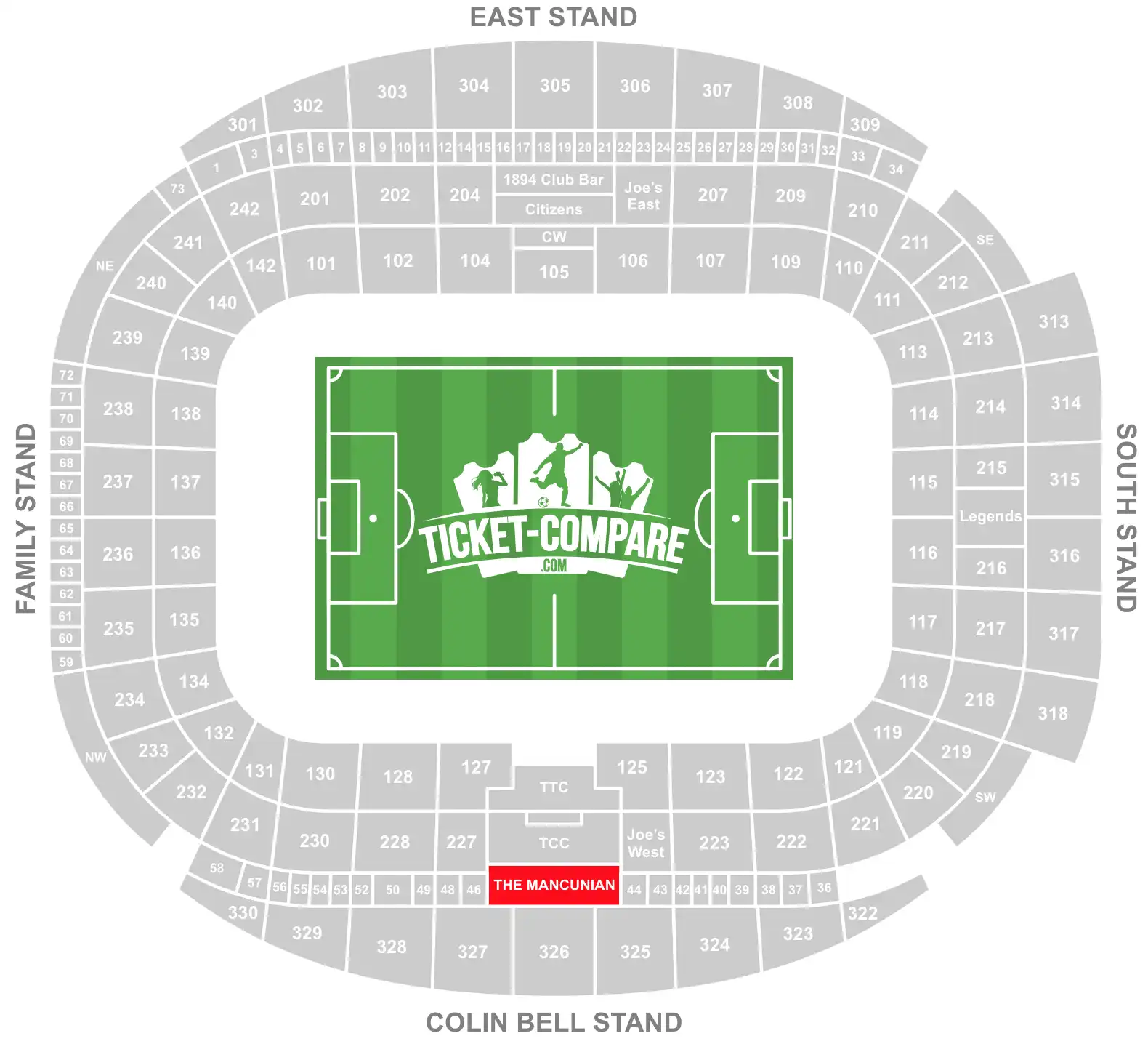 ScreenShot of Etihad Stadium seating plan with the Mancunian stand highlighted