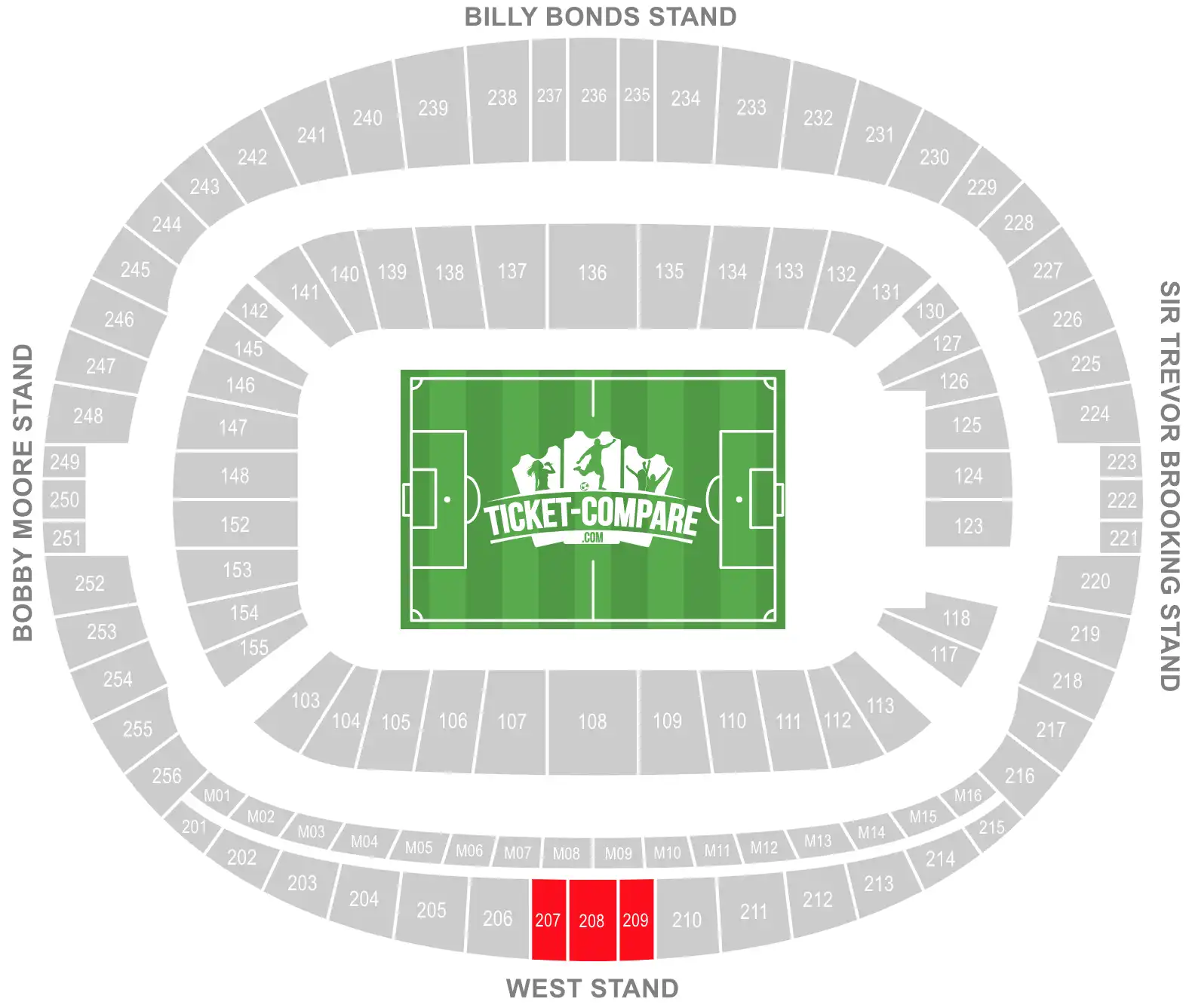 ScreenShot of London Stadium seating plan with the VIP/Hospitality blocks highlighted