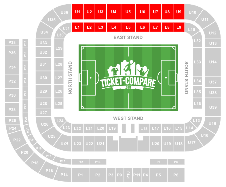 Screenshot af Stadium of Light sædeplan med East Stand markeret
