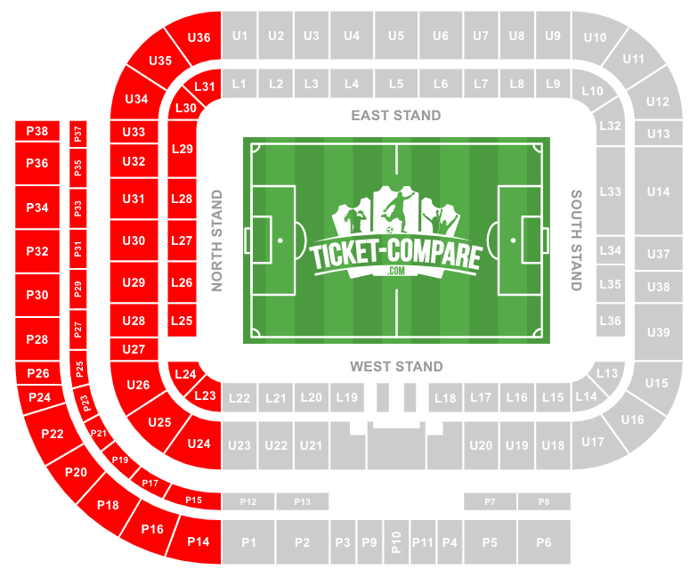 Screenshot af Stadium of Light sædeplan med North Stand markeret