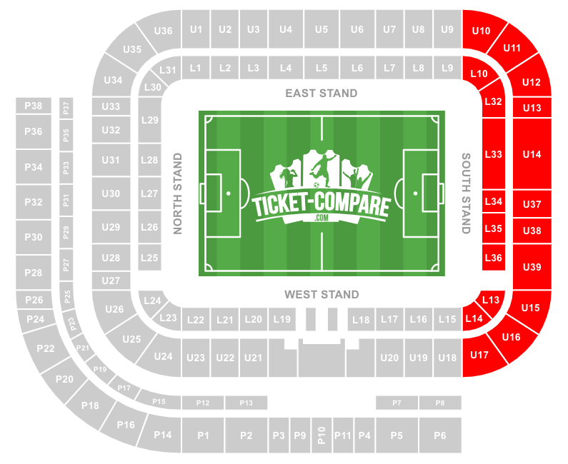 Screenshot af Stadium of Light sædeplan med South Stand markeret