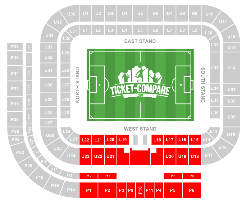 Screenshot af Stadium of Light sædeplan med West Stand markeret