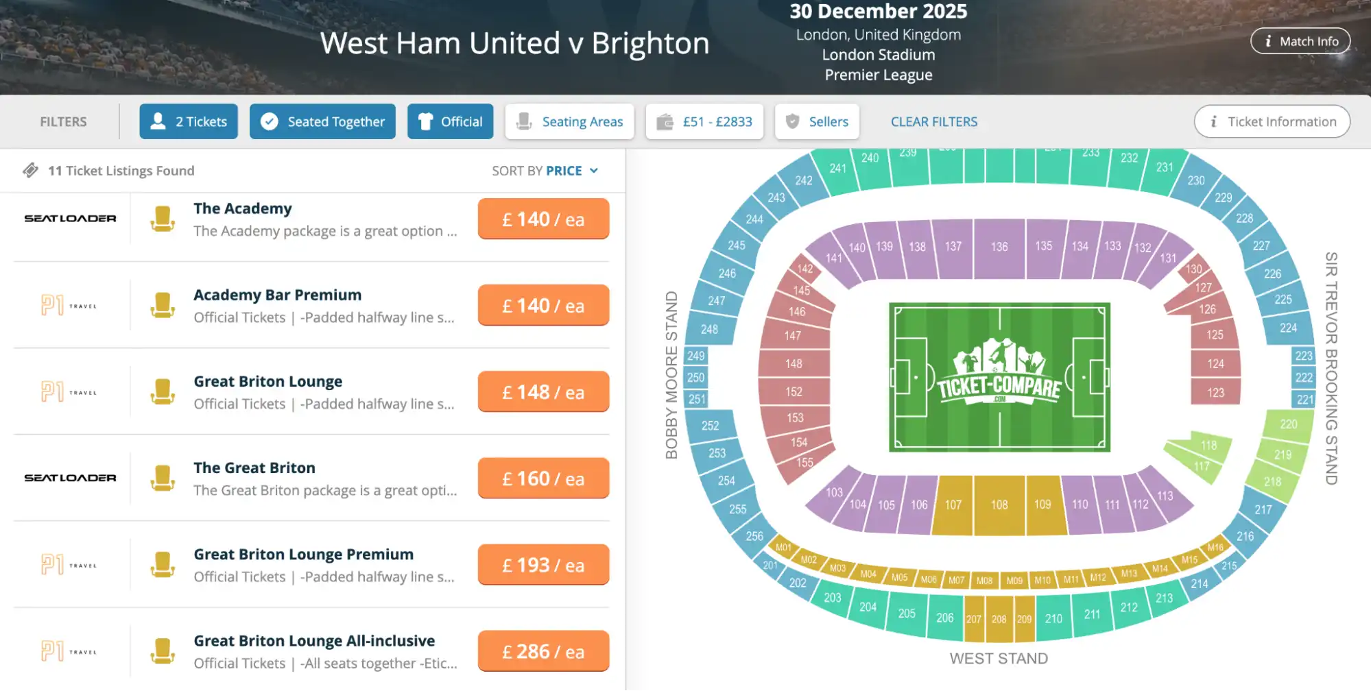 Skjermbilde West Ham United v Brighton billetter